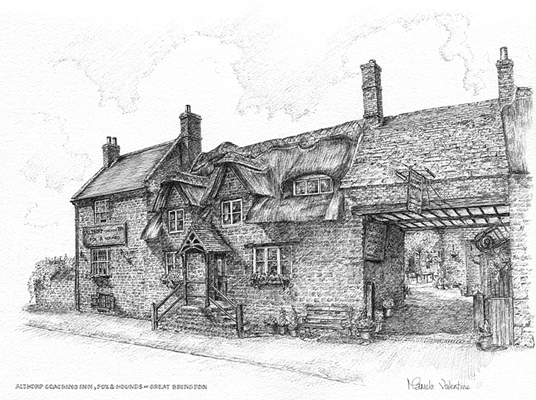 Commissioned Pen and ink illustration of Coaching inn showing the view through coach access into a sunny cobbled courtyard