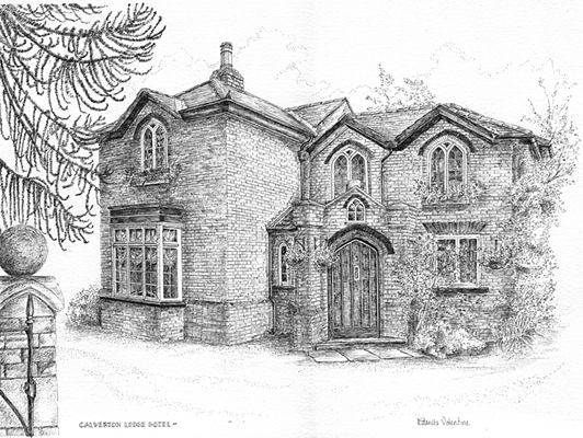 Commissioned Pen and ink illustration, Artistic licence moving gate and wall to reveal the Lodge