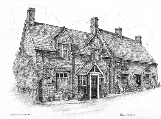 Commissioned Pen and ink illustration, Typical stone village pub enhanced shadows and details