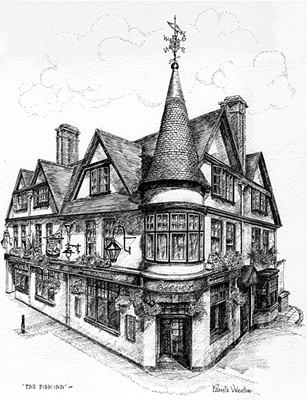 Commissioned Pen and ink illustration of Mock Elizabethan pub with a wonderful spire and weather vein