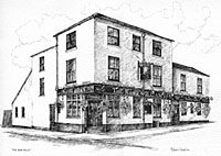 Commissioned Pen and ink illustration of Pub, Artistic licence adding hanging baskets and missing King William sign