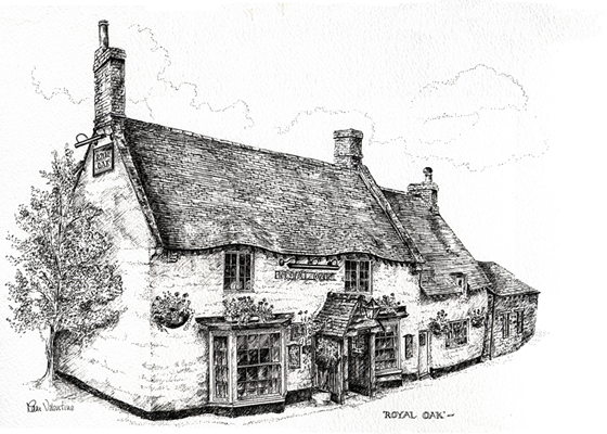 Commissioned pen and ink illustration of Pub, artistic licence-removal of a bus shelter supplementing tree