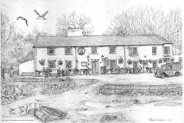 Commissioned Pen and ink illustration of The Ship inn depicting its beach and sea side location and promotional vehicle