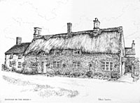 Commissioned Pen and ink illustration of Thatched cottages converted to bed and breakfast accommodation
