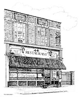 Commissioned Pen and ink illustration, Enhancing the restaurant adding hanging baskets, lamps and detailing windows