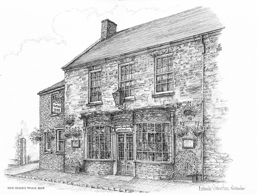 Commissioned Pen and ink illustration of Dickensian looking wine bar with bow windows
