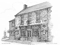 Commissioned Pen and ink illustration of Dickensian looking wine bar with bow windows