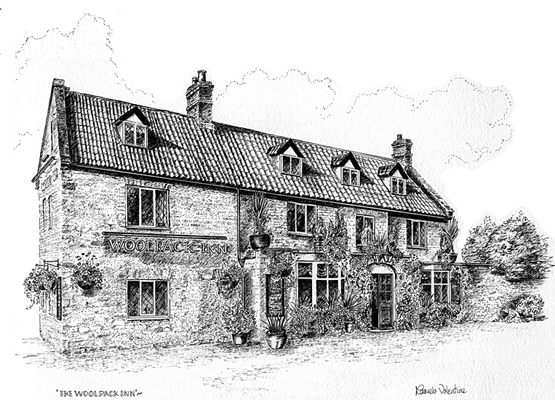 Commissioned Pen and ink illustration of Stone pub with sunny appearence with floral frontage