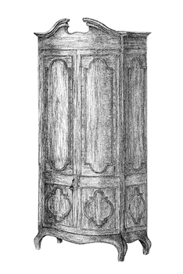 Pen and ink illustration of Antique serpentine fronted wardrobe commissioned for company logo