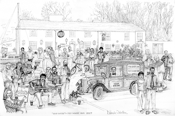 Commissioned Pen and ink illustration, Caricature of staff and local customers of the Ship Inn Anglesey