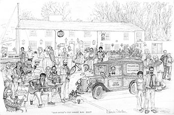 Commissioned Pen and ink illustration, Caricature of staff and local customers of the Ship Inn Anglesey