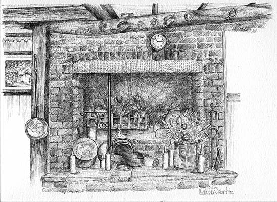 Commissioned Pen and ink illustration of Fire place, detail of Inn, for use on menu