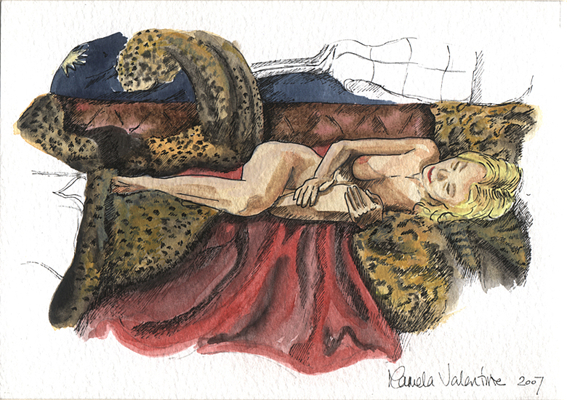 Water colour painting of A reclining female nude surrounded with leopardskin fun furs
