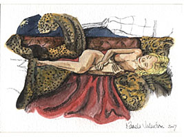 Water colour painting of A reclining female nude surrounded with leopardskin fun furs
